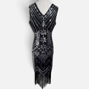 Black Sequin Flapper Dress Great Gatsby 1920s Fringe Beaded Cocktail Dress